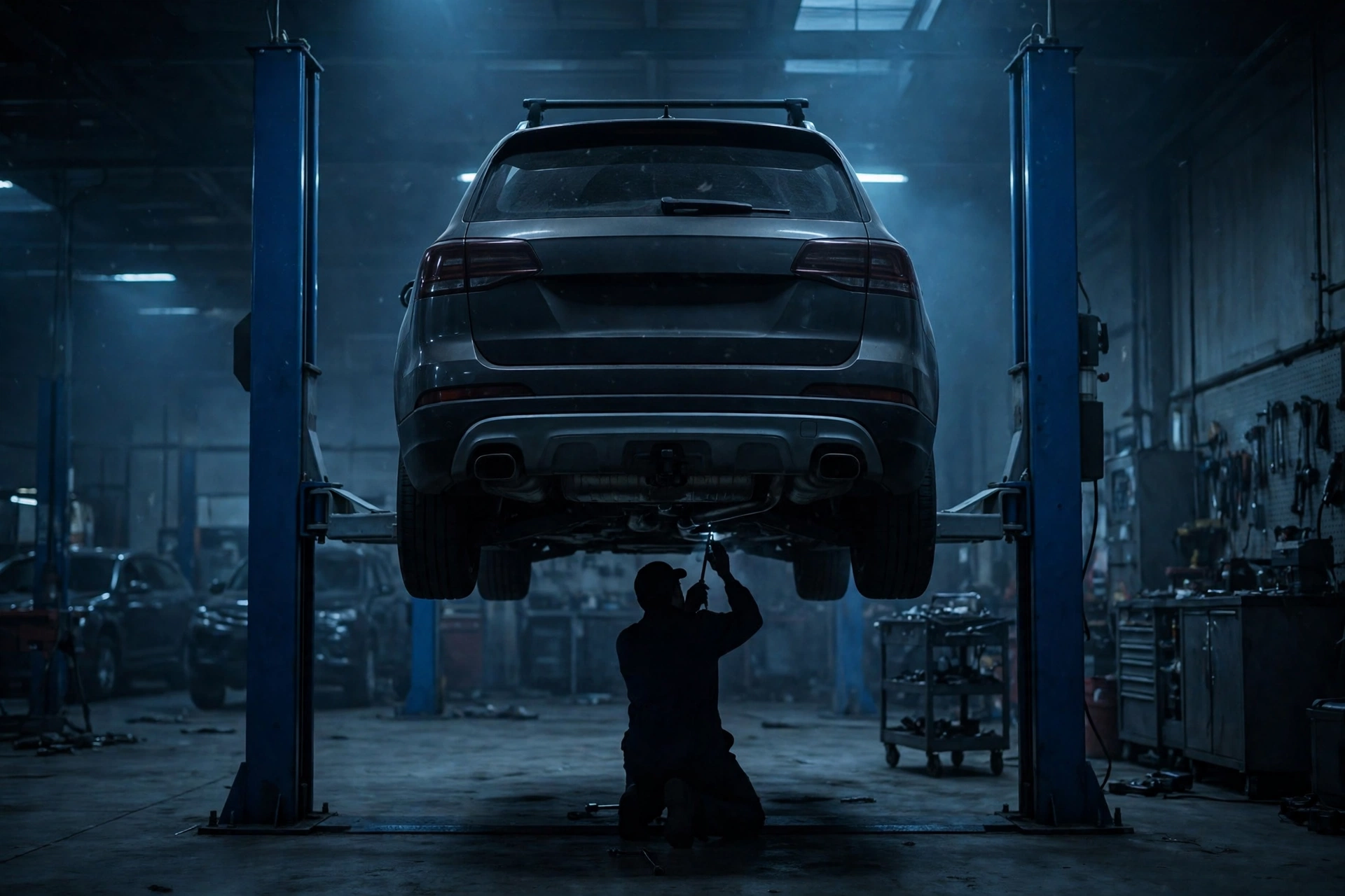 Car on a lift in the shop bay with a mechanic working on the exhaust