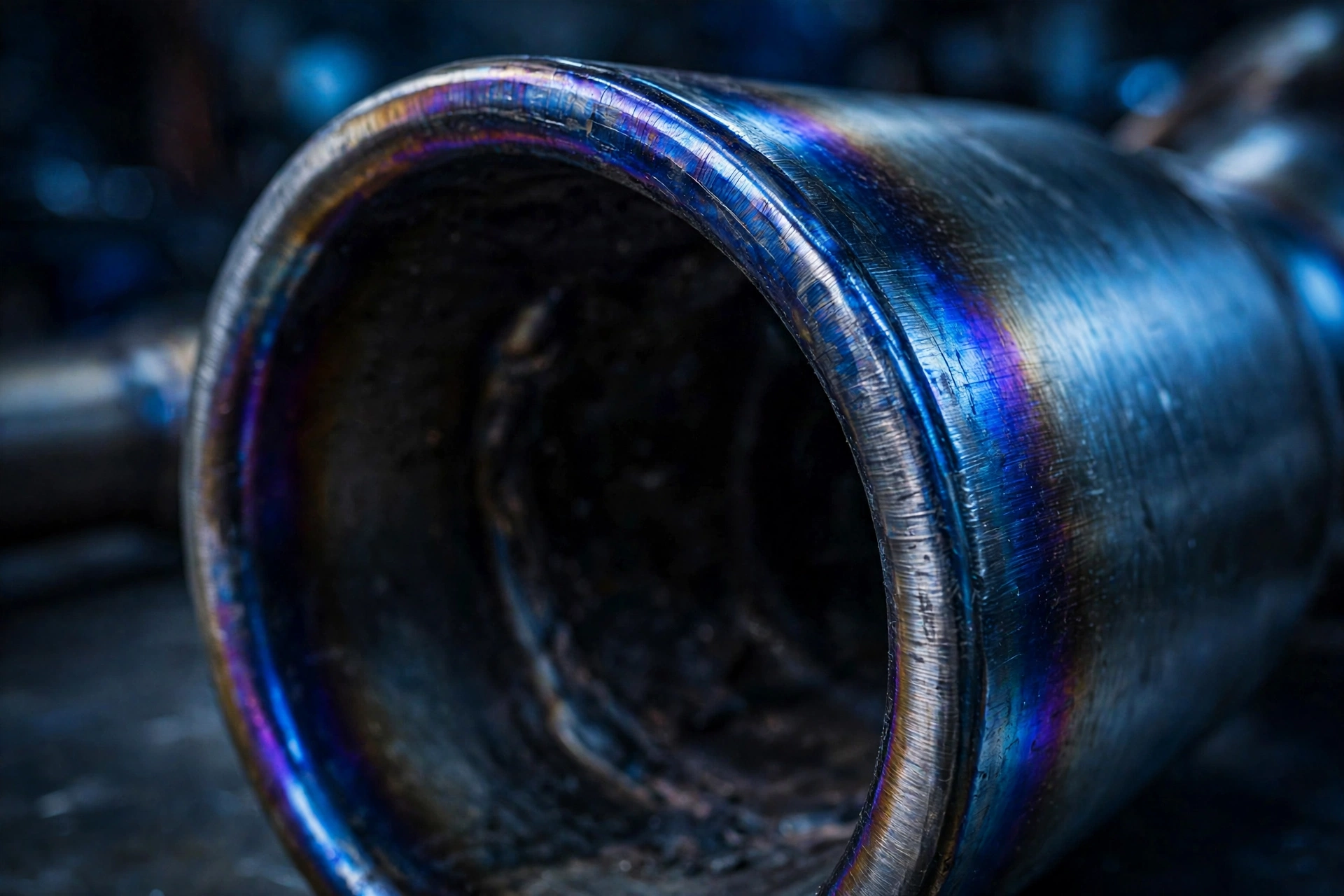 Close-up of a heat-blued stainless steel exhaust pipe tip
