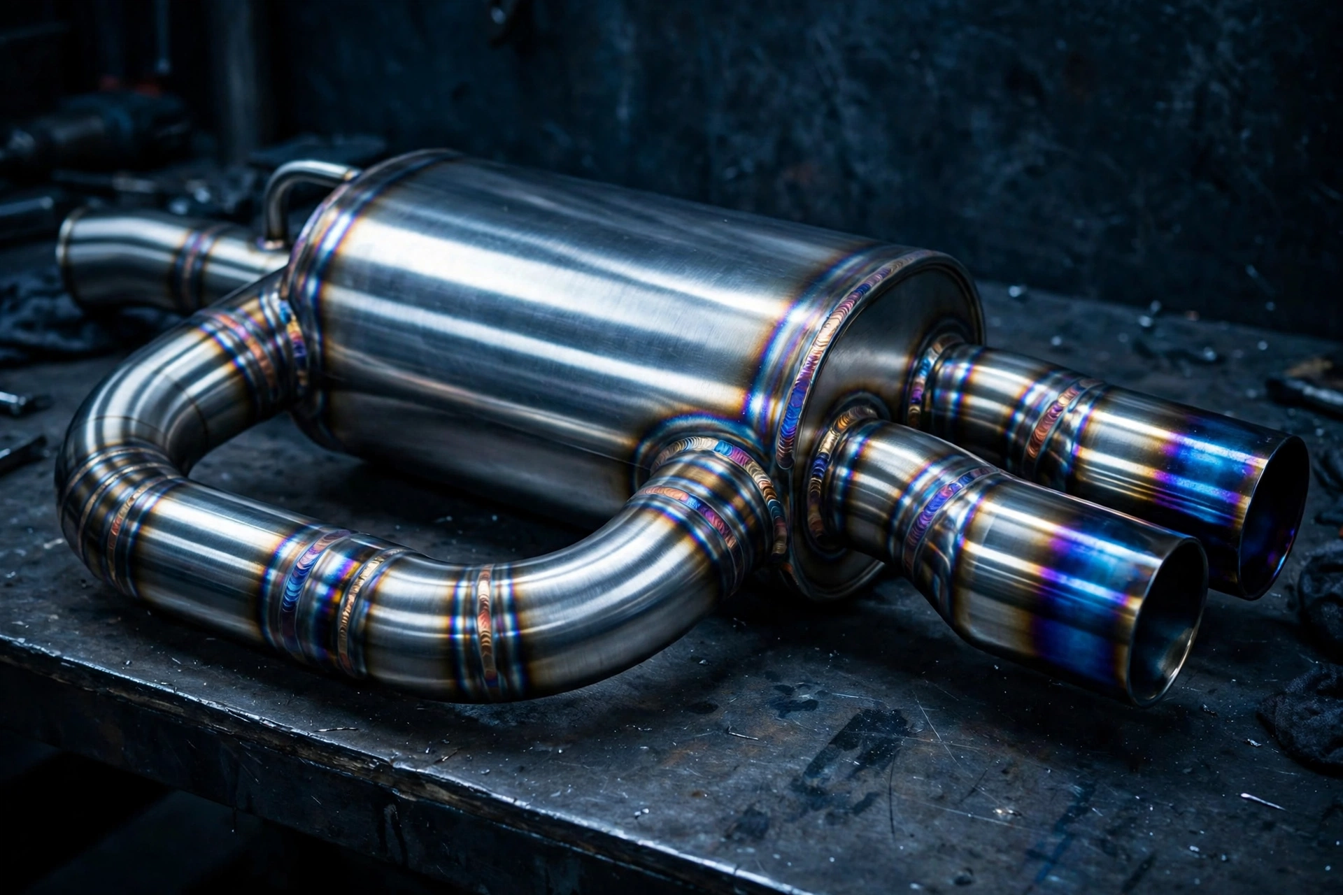 Polished stainless steel muffler and exhaust piping with heat-blued tips