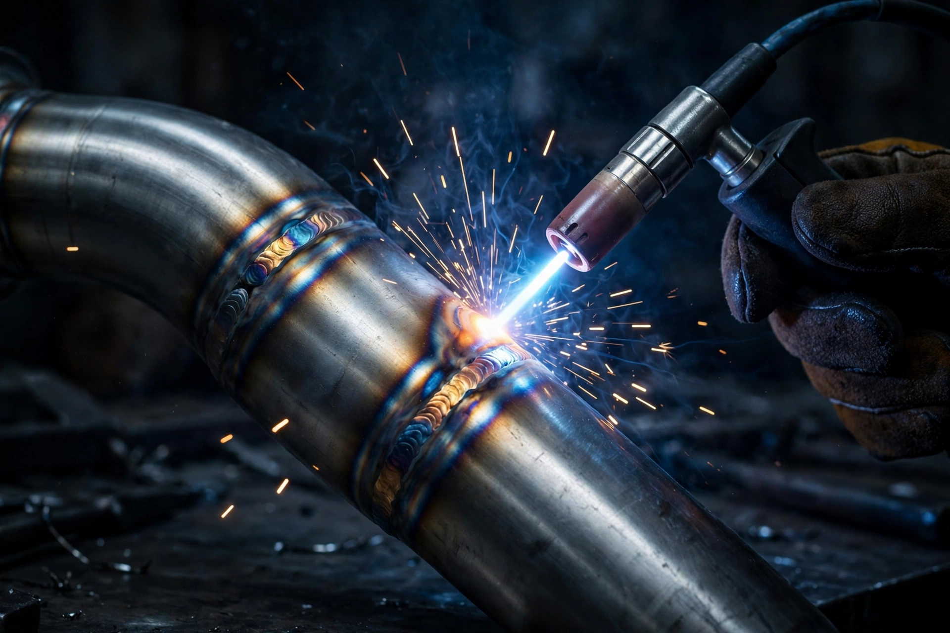TIG welding sparks on a stainless steel exhaust pipe joint